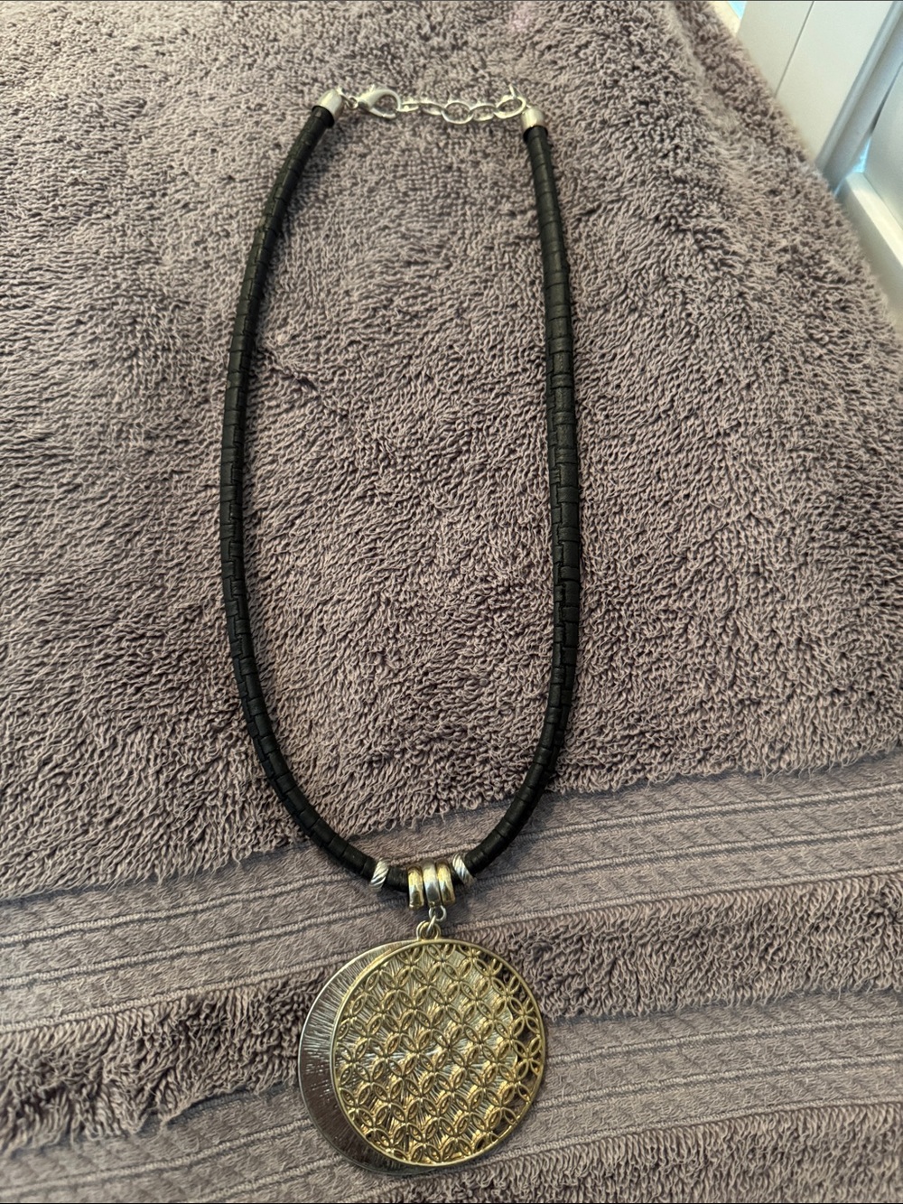 Boho Black Cord Necklace with Silver Medallion Pendant